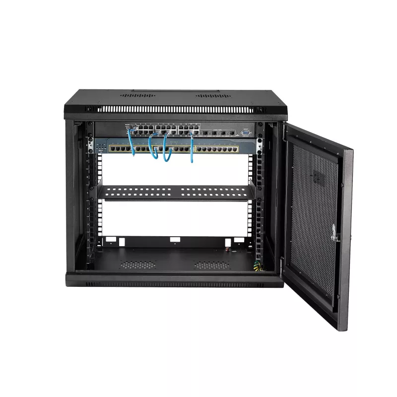 StarTech.com Rack de red de montaje en pared de 4 postes y 9U con bandeja de 1U, rack de servidor de montaje en pared de 19 pulgadas para equipos de datos/AV/electrónica/informática, caja de rack ventilada pequeña