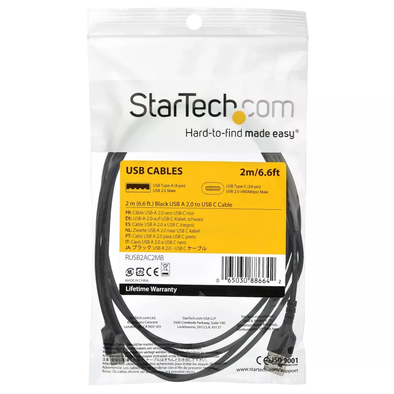 StarTech.com Cable de carga USB A a USB C de 2m – Cable de carga rápida y sincronización resistente USB 2.0 a USB Type-C cable de datos – Funda TPE resistente fibra de aramida M/M 3A negro – Samsung S10, iPad Pro, Pixel
