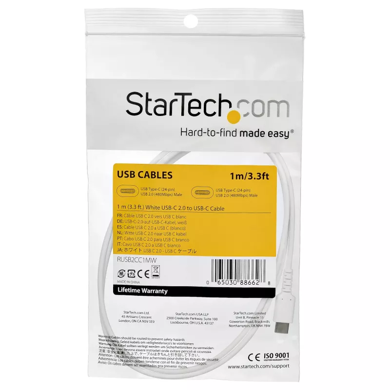 StarTech.com Cable de carga USB-C de 1 m – Cable robusto de carga rápida y sincronización USB 2.0 Type-C a USB-C para portátil – Funda de TPE fibra de aramida M/M 60W blanco – Samsung S10 S20 iPad Pro MS Surface