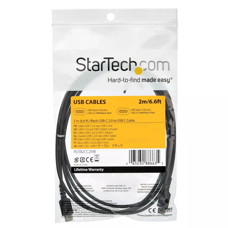 StarTech.com Cable de carga USB-C de 2 m – Cable de carga y sincronización rápido resistente USB 2.0 Type-C a USB-C para portátil – Funda de TPE fibra de aramida M/M 60 W Negro – Samsung S10 S20 iPad Pro MS Surface