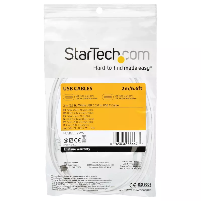 StarTech.com Cable de carga USB-C de 2 m – Cable robusto de carga rápida y sincronización USB 2.0 Type-C a USB-C para portátil – Funda de TPE fibra de aramida M/M 60W blanco – Samsung S10 S20 iPad Pro MS Surface
