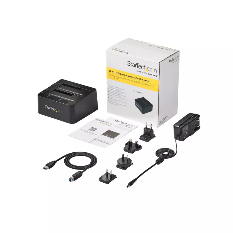 StarTech.com Base de acoplamiento para disco duro USB 3.2 Gen 2 a SATA de doble bahía, base para disco duro USB 10 Gbps, base de acoplamiento externa para SSD/HDD SATA I/II/III de 2,5/3,5 pulgadas, inserción de disco duro hot-swap, carga superior