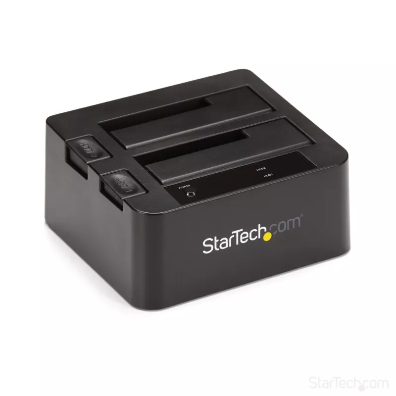 StarTech.com Base de acoplamiento para disco duro USB 3.2 Gen 2 a SATA de doble bahía, base para disco duro USB 10 Gbps, base de acoplamiento externa para SSD/HDD SATA I/II/III de 2,5/3,5 pulgadas, inserción de disco duro hot-swap, carga superior