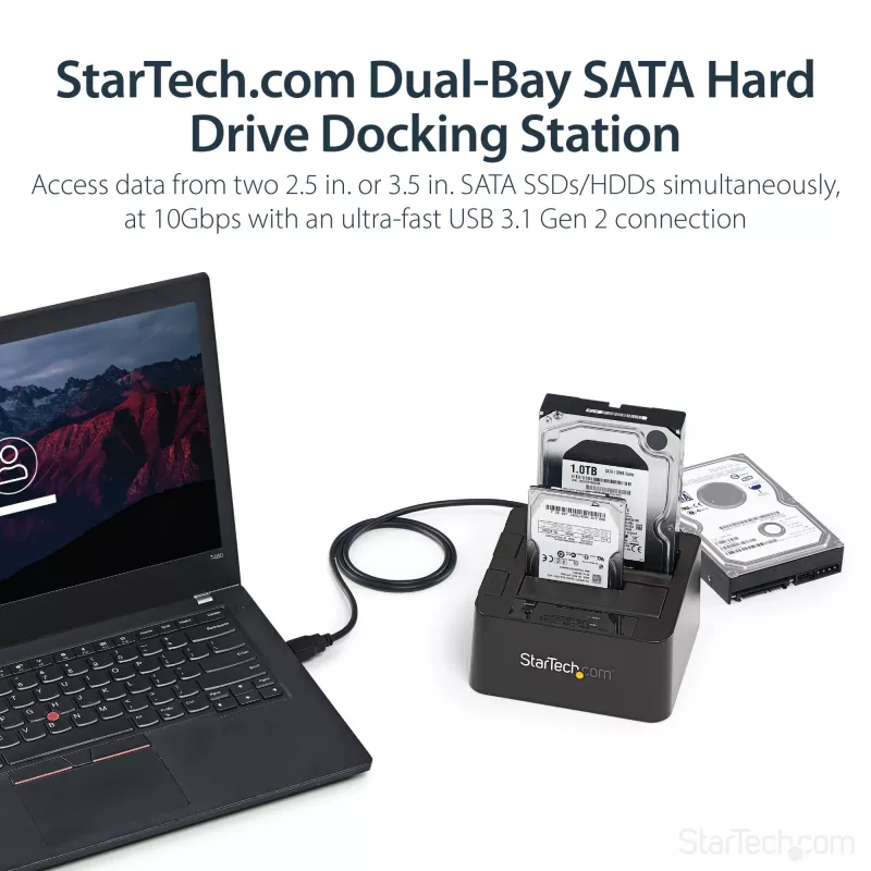 StarTech.com Base de acoplamiento para disco duro USB 3.2 Gen 2 a SATA de doble bahía, base para disco duro USB 10 Gbps, base de acoplamiento externa para SSD/HDD SATA I/II/III de 2,5/3,5 pulgadas, inserción de disco duro hot-swap, carga superior