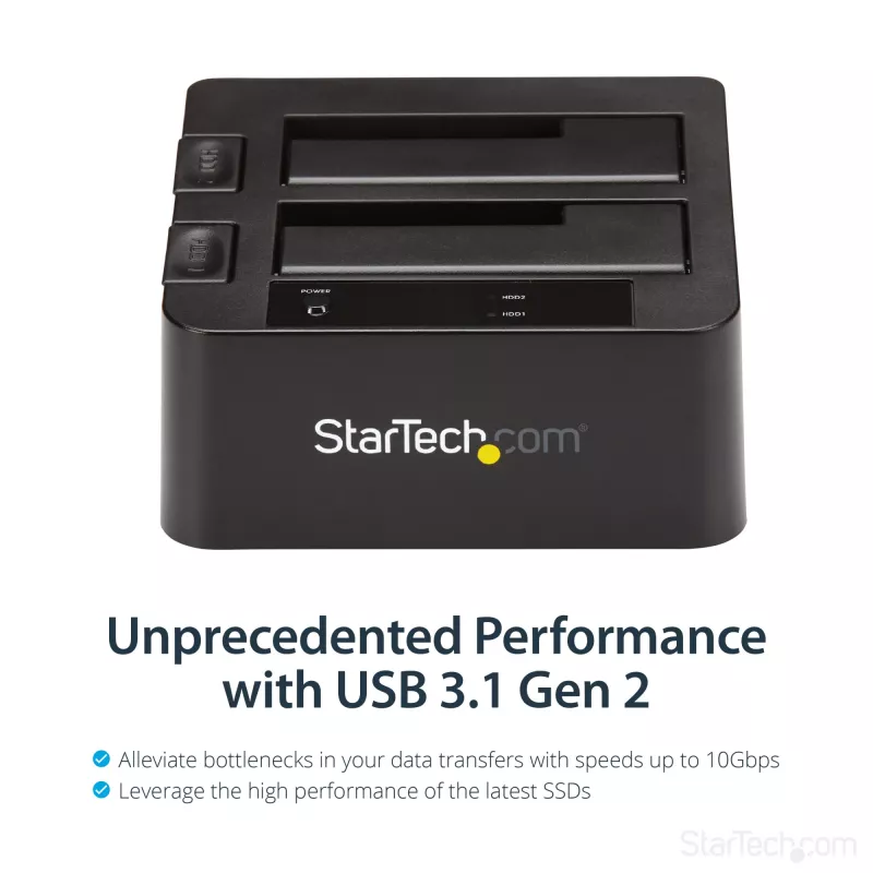 StarTech.com Base de acoplamiento para disco duro USB 3.2 Gen 2 a SATA de doble bahía, base para disco duro USB 10 Gbps, base de acoplamiento externa para SSD/HDD SATA I/II/III de 2,5/3,5 pulgadas, inserción de disco duro hot-swap, carga superior