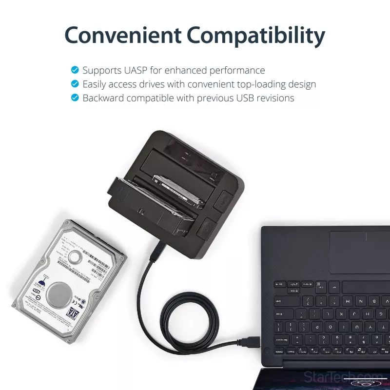 StarTech.com Base de acoplamiento para disco duro USB 3.2 Gen 2 a SATA de doble bahía, base para disco duro USB 10 Gbps, base de acoplamiento externa para SSD/HDD SATA I/II/III de 2,5/3,5 pulgadas, inserción de disco duro hot-swap, carga superior