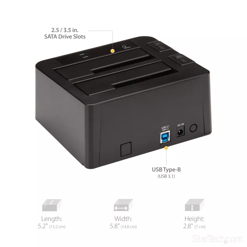 StarTech.com Base de acoplamiento para disco duro USB 3.2 Gen 2 a SATA de doble bahía, base para disco duro USB 10 Gbps, base de acoplamiento externa para SSD/HDD SATA I/II/III de 2,5/3,5 pulgadas, inserción de disco duro hot-swap, carga superior