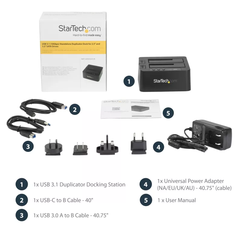 StarTech.com Duplicador de discos duros autónomo, clonador/copiador de HDD/SSD de doble bahía, base de acoplamiento USB 3.1 (10 Gbit/s) a SATA III HDD/SSD, base duplicadora de discos duros, clonador de discos duros