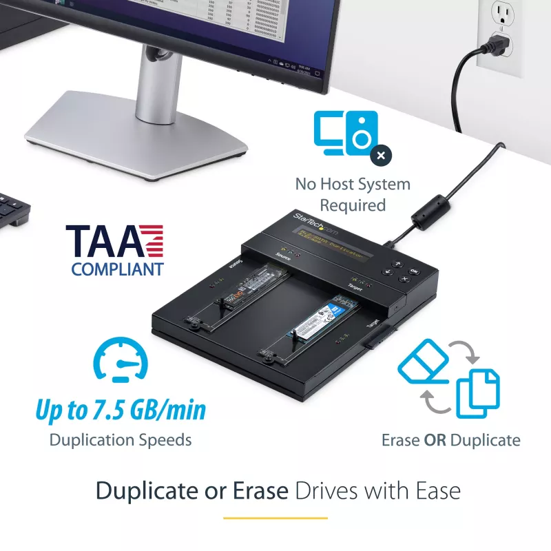 StarTech.com Duplicador y borrador autónomo de M.2 SATA y M.2 NVMe - Clonador/borrador de HDD/SSD para M.2 PCIe AHCI/NVMe, M.2 SATA, unidades SATA de 2,5/3,5 pulgadas - Borrador/duplicador de discos duros externo, TAA
