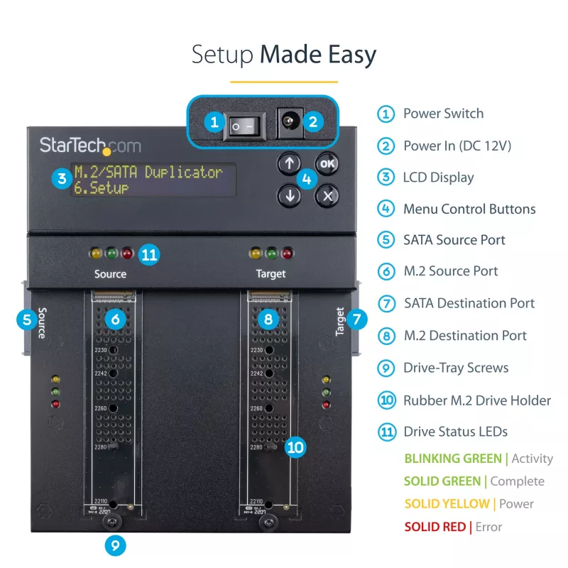 StarTech.com Duplicador y borrador autónomo de M.2 SATA y M.2 NVMe - Clonador/borrador de HDD/SSD para M.2 PCIe AHCI/NVMe, M.2 SATA, unidades SATA de 2,5/3,5 pulgadas - Borrador/duplicador de discos duros externo, TAA