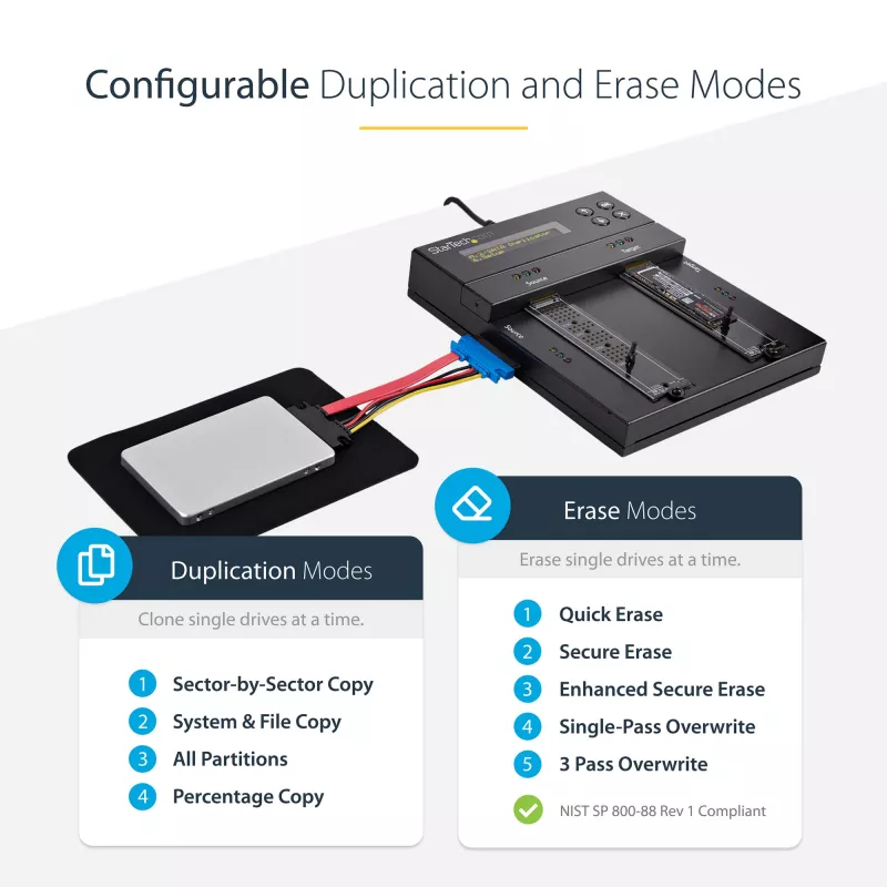 StarTech.com Duplicador y borrador autónomo de M.2 SATA y M.2 NVMe - Clonador/borrador de HDD/SSD para M.2 PCIe AHCI/NVMe, M.2 SATA, unidades SATA de 2,5/3,5 pulgadas - Borrador/duplicador de discos duros externo, TAA