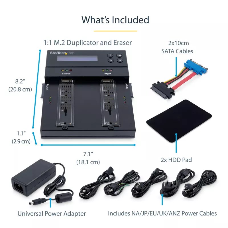 StarTech.com Duplicador y borrador autónomo de M.2 SATA y M.2 NVMe - Clonador/borrador de HDD/SSD para M.2 PCIe AHCI/NVMe, M.2 SATA, unidades SATA de 2,5/3,5 pulgadas - Borrador/duplicador de discos duros externo, TAA