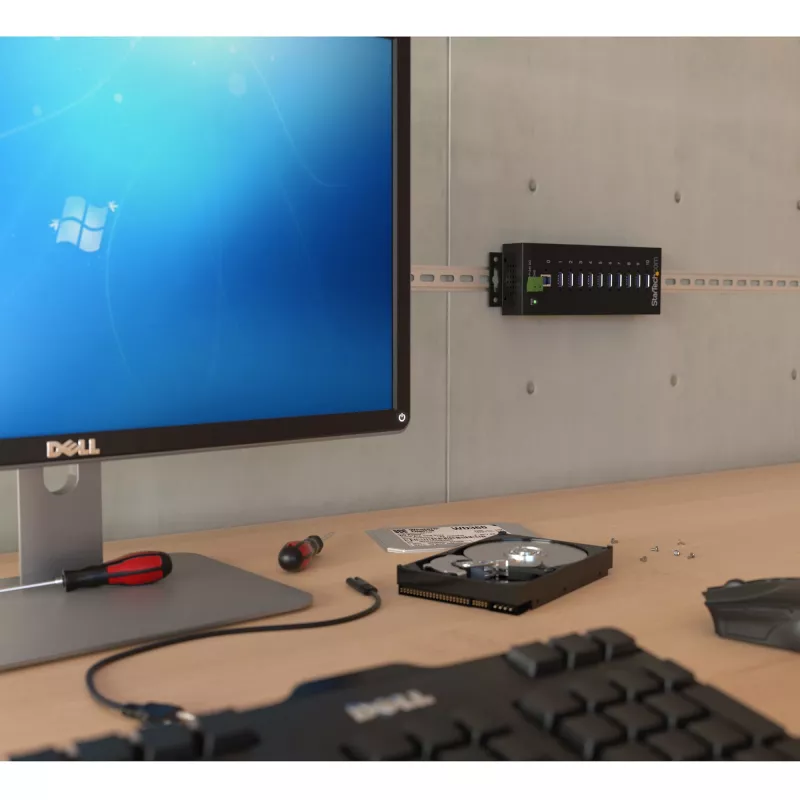 Hub USB 3.0 industrial de 10 puertos StarTech.com – Protección ESD y contra sobretensión~Hub USB 3.0 de 10 puertos – 5 Gbit/s – Hub USB-A industrial de metal con protección ESD y contra sobretensión – Montaje en carril DIN, pared o escritorio – Hub de expansión USB conforme a TAA