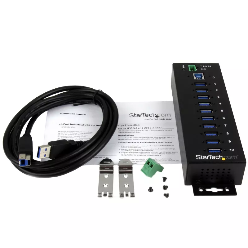 Hub USB 3.0 industrial de 10 puertos StarTech.com – Protección ESD y contra sobretensión~Hub USB 3.0 de 10 puertos – 5 Gbit/s – Hub USB-A industrial de metal con protección ESD y contra sobretensión – Montaje en carril DIN, pared o escritorio – Hub de expansión USB conforme a TAA