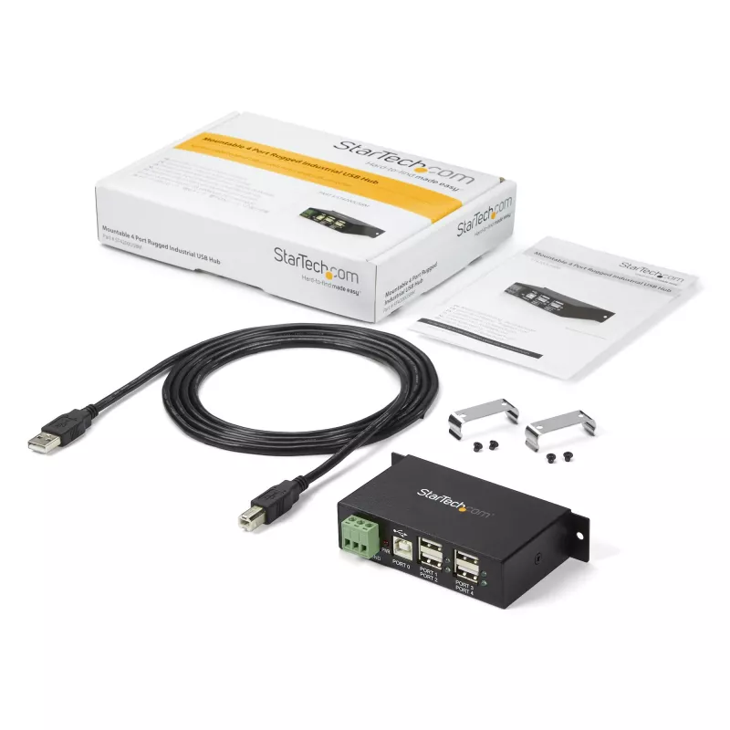 Hub USB 2.0 de 4 puertos StarTech.com - Hub USB-A industrial de metal - Montaje en carril DIN, pared o escritorio - Hub de datos USB - Hub de expansión USB conforme a TAA