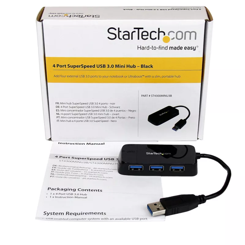 Mini hub USB 3.0 SuperSpeed de 4 puertos portátil StarTech.com - Negro~Mini hub USB 3.0 SuperSpeed de 4 puertos portátil - 5 Gbit/s - Negro