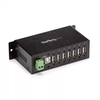 StarTech.com Hub USB 2.0 de 7 puertos – Hub USB-A industrial de metal con protección ESD y protección contra sobretensiones de 350W – Montaje en carril DIN, pared o mesa – Hub expansor USB conforme a TAA