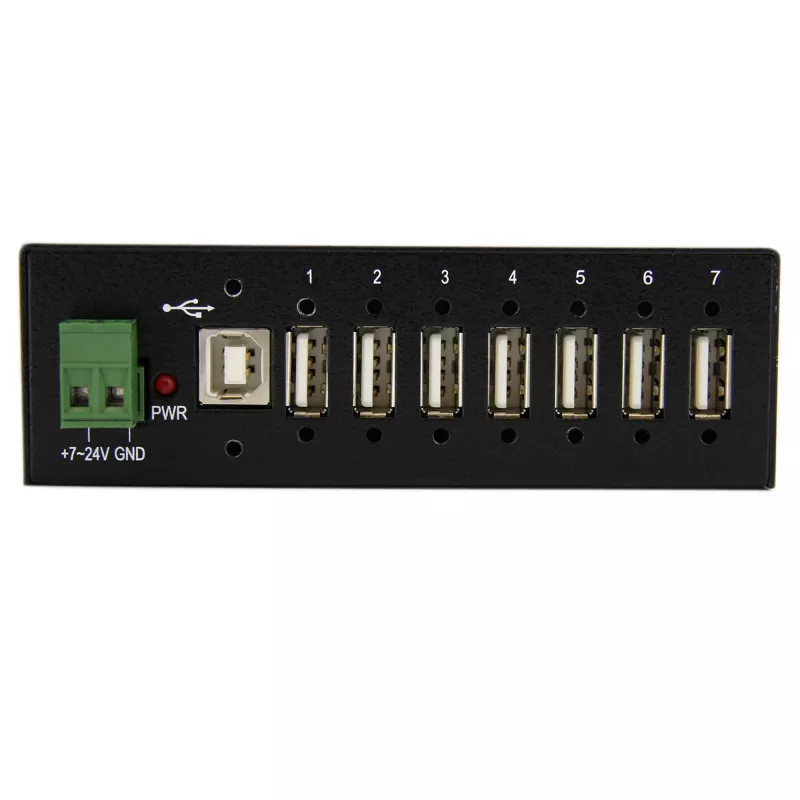 StarTech.com ST7200USBM hub USB 2.0 industrial de 7 puertos, carcasa metálica, protección ESD y contra sobretensiones, montaje en carril DIN/pared/escritorio, 7–24 V DC, conforme con TAA, negro