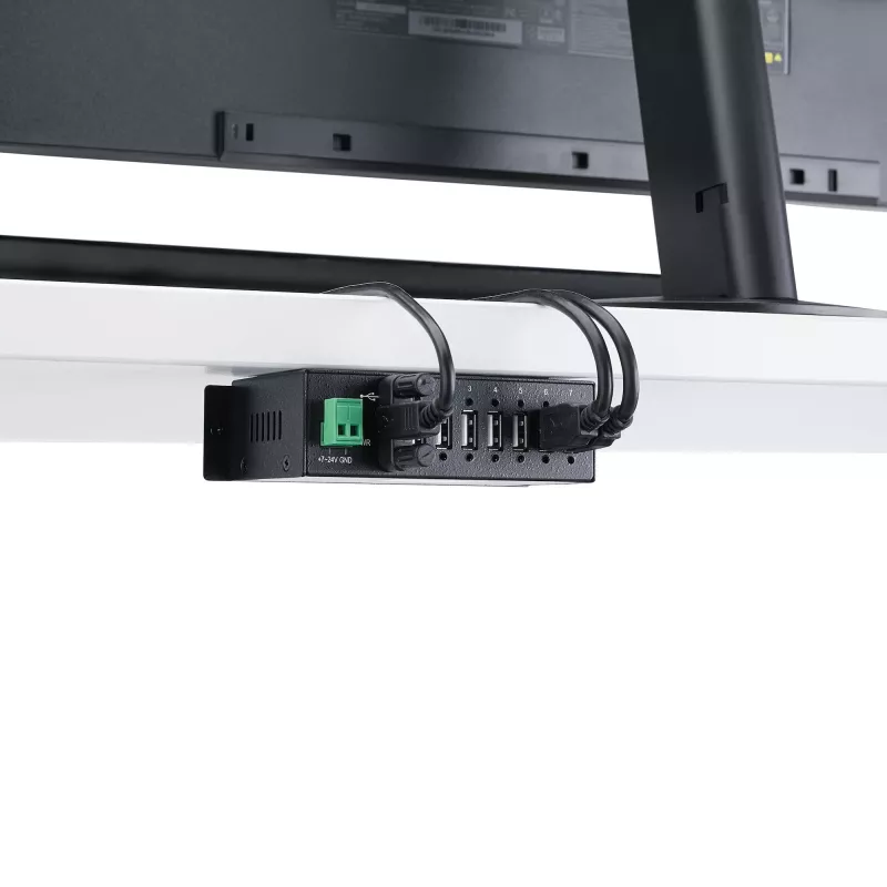 StarTech.com ST7200USBM hub USB 2.0 industrial de 7 puertos, carcasa metálica, protección ESD y contra sobretensiones, montaje en carril DIN/pared/escritorio, 7–24 V DC, conforme con TAA, negro