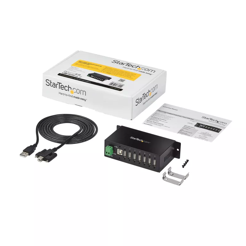 StarTech.com ST7200USBM hub USB 2.0 industrial de 7 puertos, carcasa metálica, protección ESD y contra sobretensiones, montaje en carril DIN/pared/escritorio, 7–24 V DC, conforme con TAA, negro