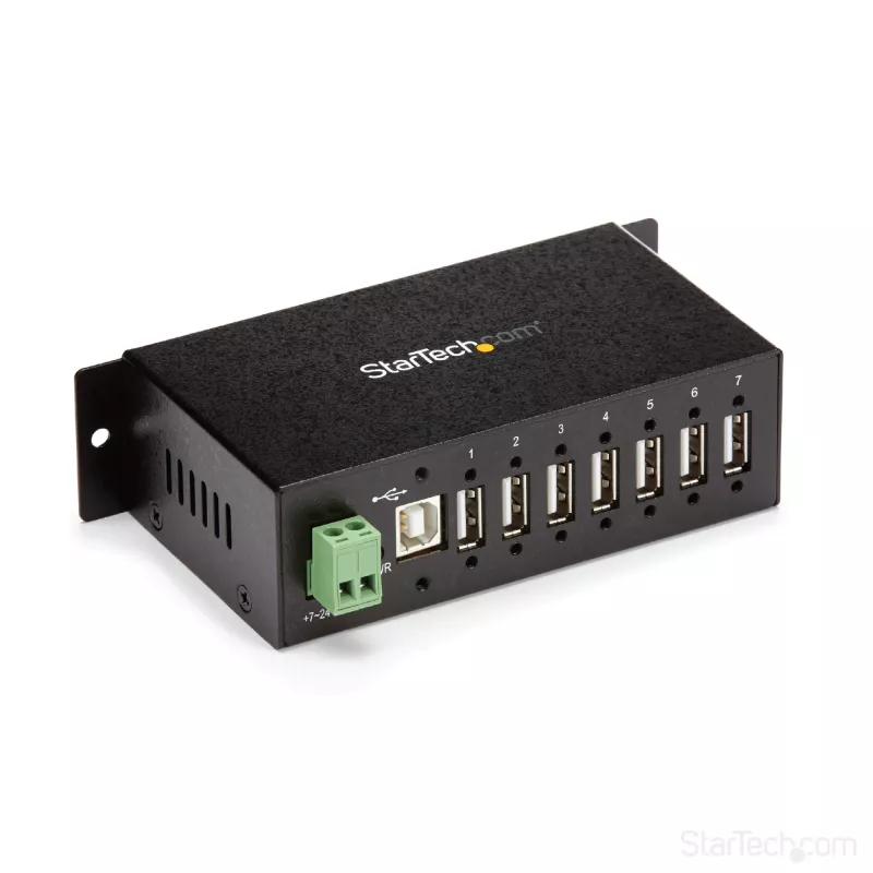 StarTech.com ST7200USBM hub USB 2.0 industrial de 7 puertos, carcasa metálica, protección ESD y contra sobretensiones, montaje en carril DIN/pared/escritorio, 7–24 V DC, conforme con TAA, negro