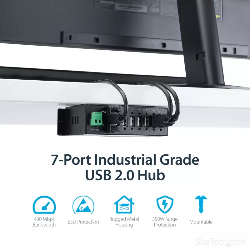 StarTech.com ST7200USBM hub USB 2.0 industrial de 7 puertos, carcasa metálica, protección ESD y contra sobretensiones, montaje en carril DIN/pared/escritorio, 7–24 V DC, conforme con TAA, negro