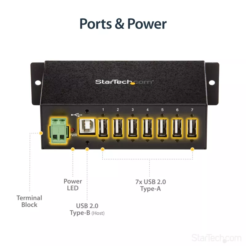 StarTech.com ST7200USBM hub USB 2.0 industrial de 7 puertos, carcasa metálica, protección ESD y contra sobretensiones, montaje en carril DIN/pared/escritorio, 7–24 V DC, conforme con TAA, negro