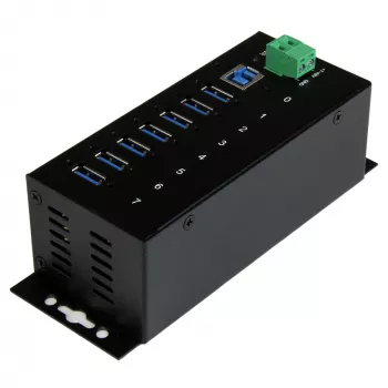 StarTech.com Hub USB 3.0 industrial de 7 puertos con protección ESD~Hub USB 3.0 de 7 puertos (5Gbps) - Hub USB-A industrial de metal con protección ESD y protección contra sobretensiones de 350W - Montaje en carril DIN, pared o mesa - Hub expansor USB conforme a TAA