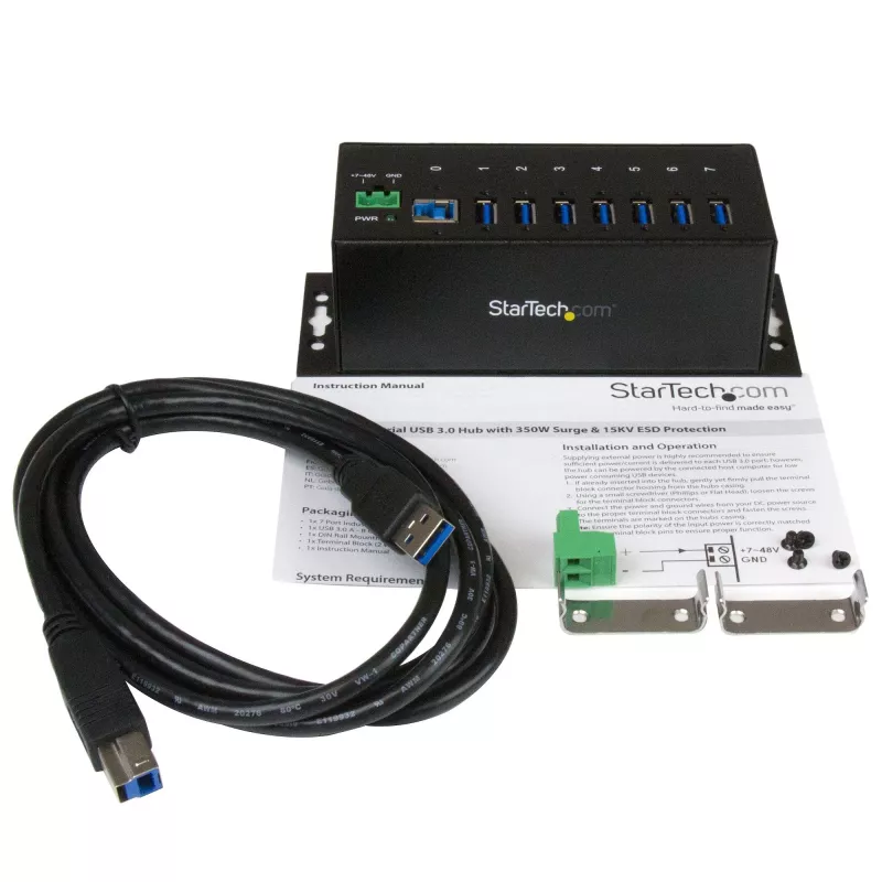 StarTech.com Hub USB 3.0 industrial de 7 puertos con protección ESD~Hub USB 3.0 de 7 puertos (5Gbps) - Hub USB-A industrial de metal con protección ESD y protección contra sobretensiones de 350W - Montaje en carril DIN, pared o mesa - Hub expansor USB conforme a TAA