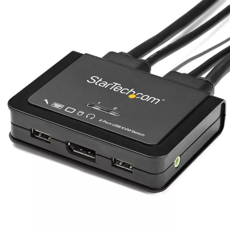 Switch KVM DisplayPort de 2 puertos StarTech.com – 4K 60 Hz – Switch KVM de escritorio compacto de doble puerto UHD DP 1.2 USB con cables de 1,2 m y audio – Alimentado por bus y conmutación remota – MacBook ThinkPad