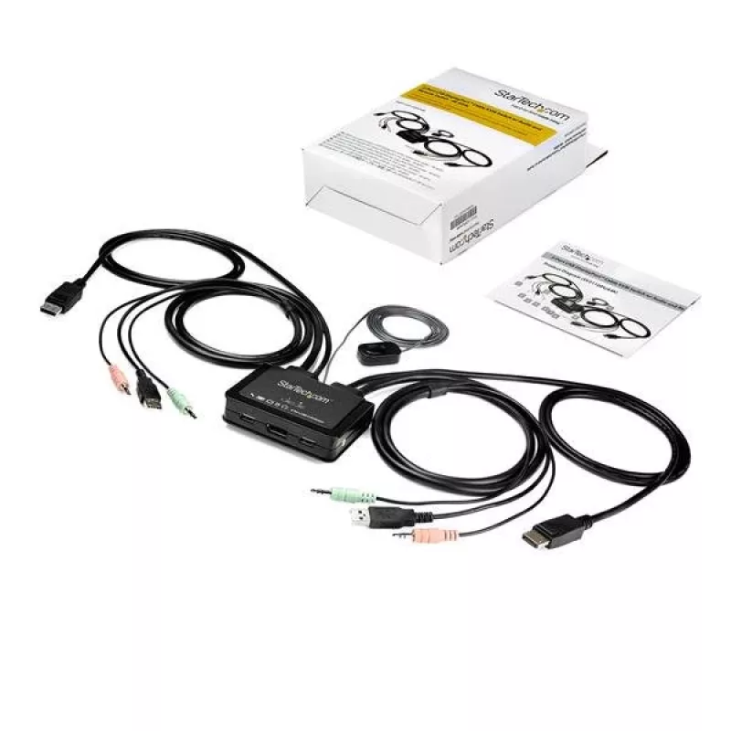 Switch KVM DisplayPort de 2 puertos StarTech.com – 4K 60 Hz – Switch KVM de escritorio compacto de doble puerto UHD DP 1.2 USB con cables de 1,2 m y audio – Alimentado por bus y conmutación remota – MacBook ThinkPad