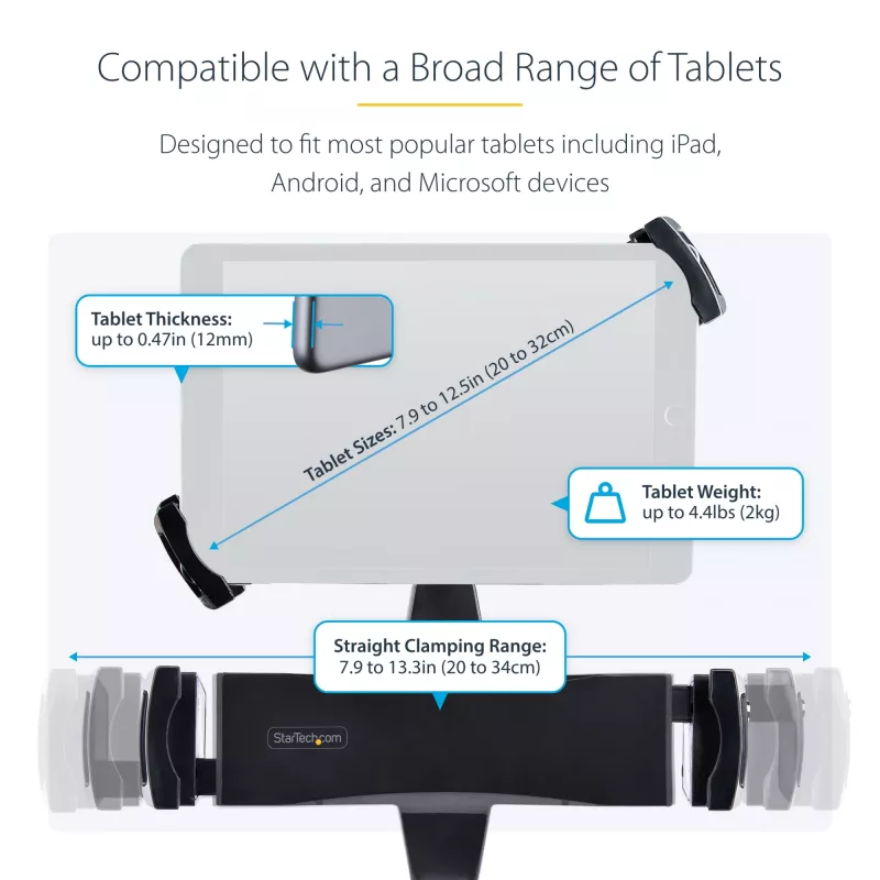 Adaptador de montaje VESA para tablets StarTech.com de 7,9 a 12,5 pulgadas – hasta 2 kg – patrón VESA 75x75/100x100 – soporte de pinza VESA universal antirrobo para tablet – soporte de tablet seguro – negro