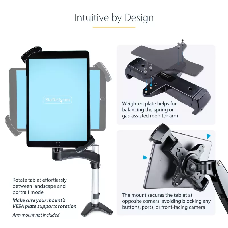 Adaptador de montaje VESA para tablets StarTech.com de 7,9 a 12,5 pulgadas – hasta 2 kg – patrón VESA 75x75/100x100 – soporte de pinza VESA universal antirrobo para tablet – soporte de tablet seguro – negro