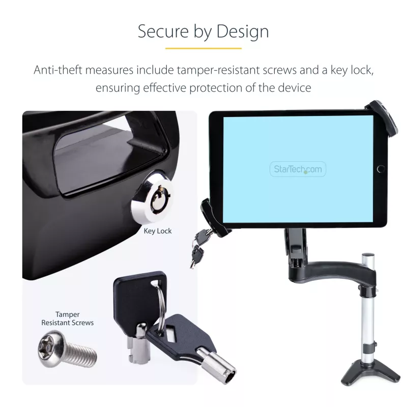 Adaptador de montaje VESA para tablets StarTech.com de 7,9 a 12,5 pulgadas – hasta 2 kg – patrón VESA 75x75/100x100 – soporte de pinza VESA universal antirrobo para tablet – soporte de tablet seguro – negro