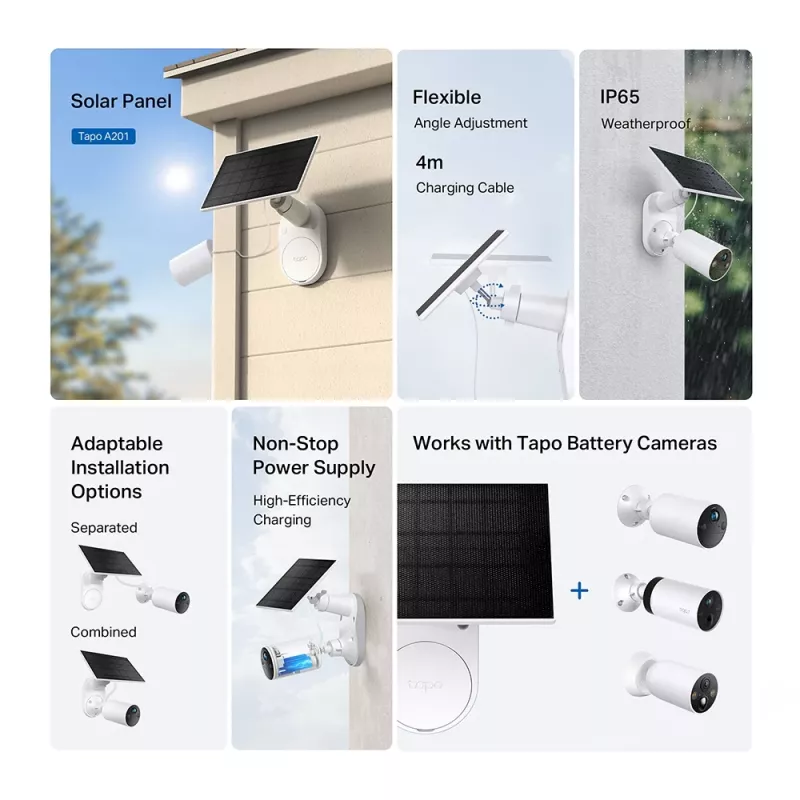 TP-Link Tapo A201 panel solar, 2,5 W, IP65, cable de 4 m, para cámaras con batería Tapo