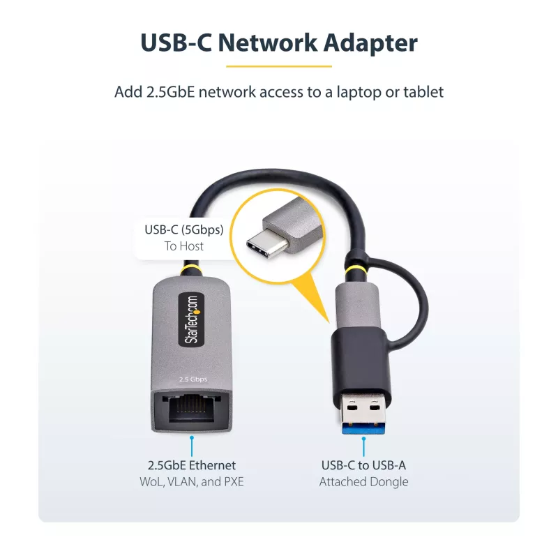 StarTech.com adaptador USB-C a Ethernet 2.5GbE con convertidor USB-A, NIC NBASE-T, USB 3.0 Type-C 2.5/1G red multivelocidad, compatible con Thunderbolt, Windows y Mac