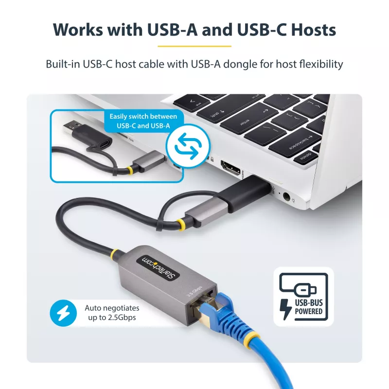 StarTech.com adaptador USB-C a Ethernet 2.5GbE con convertidor USB-A, NIC NBASE-T, USB 3.0 Type-C 2.5/1G red multivelocidad, compatible con Thunderbolt, Windows y Mac