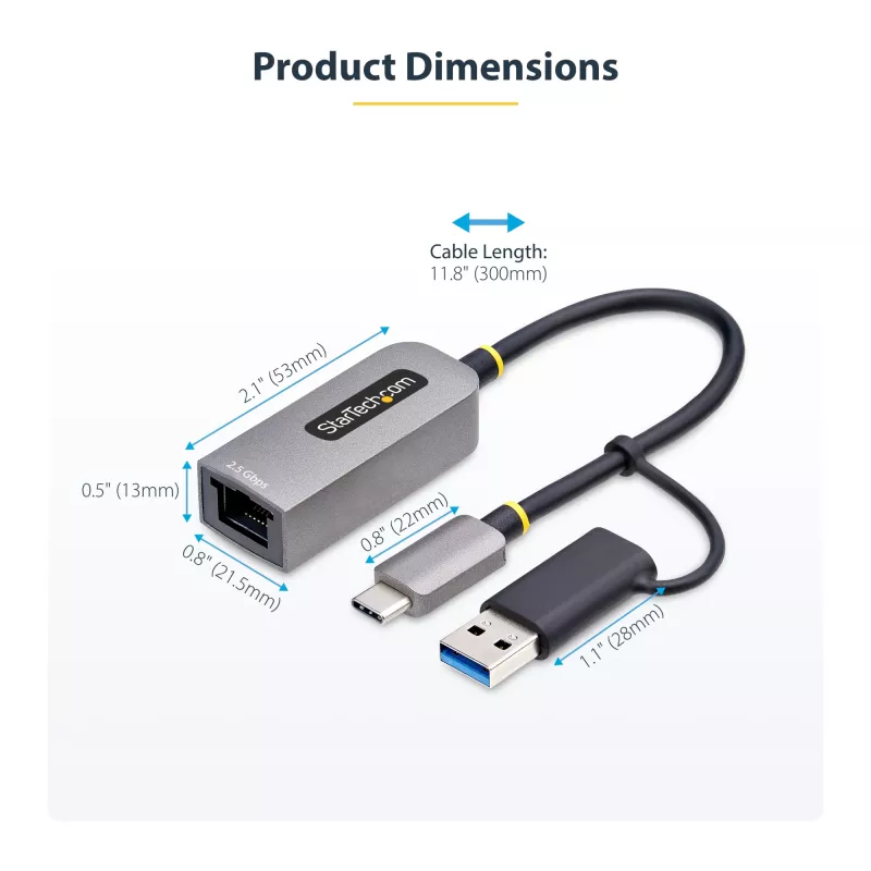 StarTech.com adaptador USB-C a Ethernet 2.5GbE con convertidor USB-A, NIC NBASE-T, USB 3.0 Type-C 2.5/1G red multivelocidad, compatible con Thunderbolt, Windows y Mac