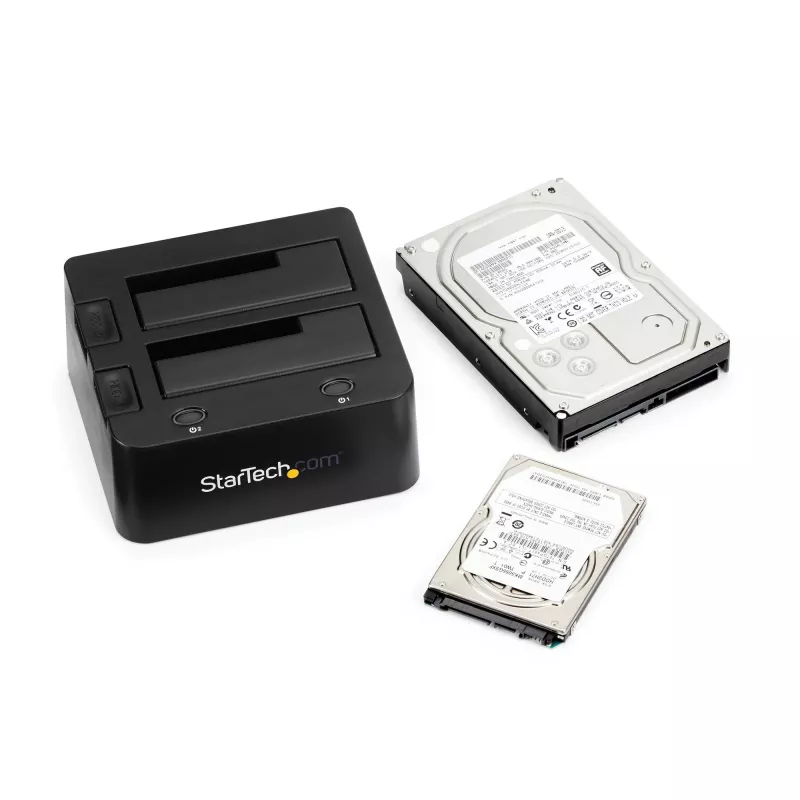 StarTech.com base de acoplamiento para discos duros USB 3.0 a SATA e IDE de doble bahía, base para discos duros USB, base de acoplamiento externa para SSD/HDD SATA I/II/III e IDE (40 pines) de 2,5/3,5 pulgadas, bahías de disco duro de intercambio en caliente, carga superior