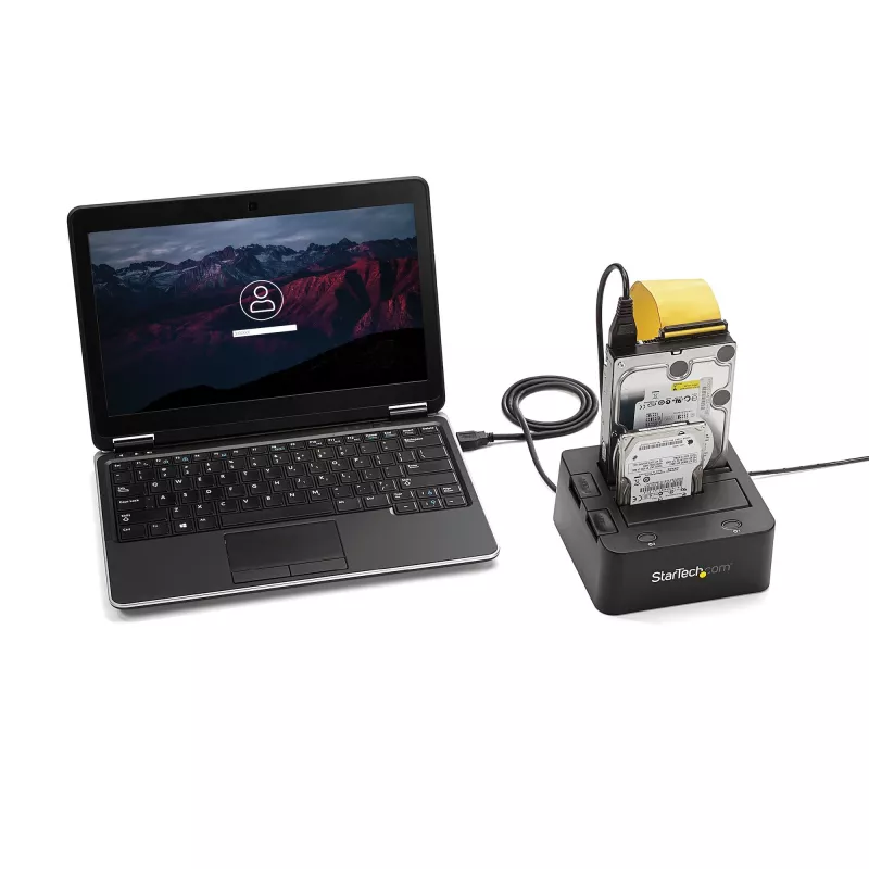 StarTech.com base de acoplamiento para discos duros USB 3.0 a SATA e IDE de doble bahía, base para discos duros USB, base de acoplamiento externa para SSD/HDD SATA I/II/III e IDE (40 pines) de 2,5/3,5 pulgadas, bahías de disco duro de intercambio en caliente, carga superior