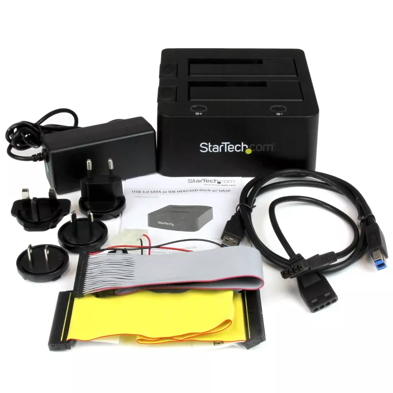 StarTech.com base de acoplamiento para discos duros USB 3.0 a SATA e IDE de doble bahía, base para discos duros USB, base de acoplamiento externa para SSD/HDD SATA I/II/III e IDE (40 pines) de 2,5/3,5 pulgadas, bahías de disco duro de intercambio en caliente, carga superior