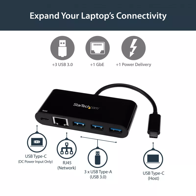 StarTech.com adaptador USB-C a Ethernet con hub USB 3.0 de 3 puertos y Power Delivery