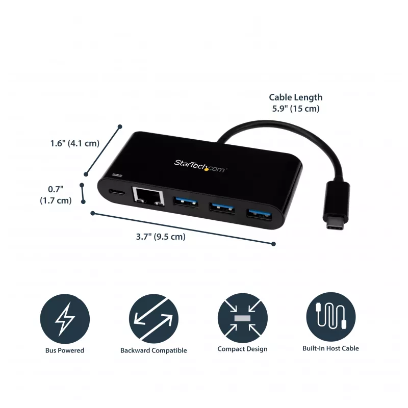 StarTech.com adaptador USB-C a Ethernet con hub USB 3.0 de 3 puertos y Power Delivery