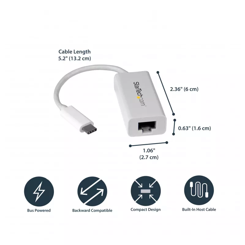 StarTech.com adaptador de red USB-C a Gigabit - blanco, con cable, USB Type-C, Ethernet, 5000 Mbit/s, blanco