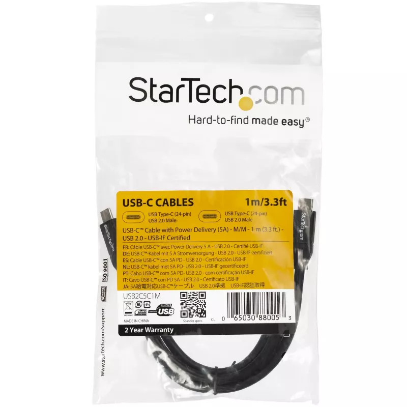 StarTech.com cable USB-C a USB-C con 5A PD – M/M – 1 m – USB 2.0 – certificado USB-IF