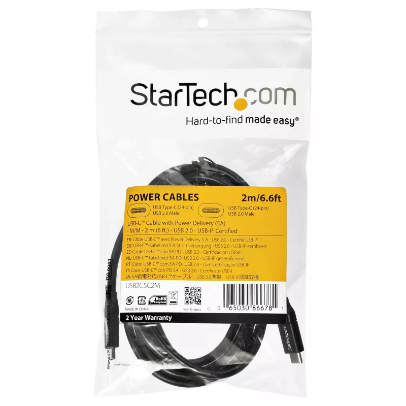 StarTech.com cable USB-C a USB-C con 5A PD – M/M – 2 m – USB 2.0 – certificado USB-IF