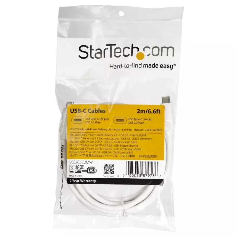 StarTech.com cable USB-C a USB-C con 5 A PD – M/M – blanco – 2 m – USB 2.0 – certificado USB-IF