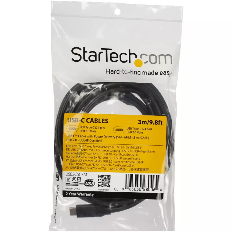 StarTech.com cable USB-C a USB-C con 5 A PD – M/M – 3 m (10 ft.) – USB 2.0 – certificado USB-IF