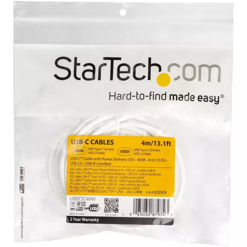 StarTech.com cable USB-C a USB-C con 5A PD - M/M - blanco - 4 m - USB 2.0 - certificado USB-IF