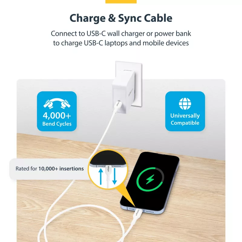 StarTech.com Cable de carga USB-C blanco de 1 m (3.3 ft), cable USB-C, cable de carga para portátil USB 2.0 Type-C, 60W 3A Power Delivery, funda de TPE, cable de transferencia de datos USB-C, M/M